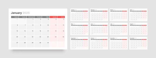 Monthly calendar template for 2025 year. Diary planner in a minimalist style. Week Starts on Monday. vector