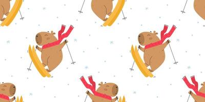 Skiing funny capybara character pattern vector