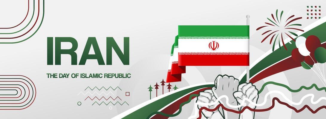 Happy Independence Day of the Islamic Republic of Iran. National Day greeting card with Country Flag and raised hand symbol of struggle