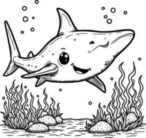 Shark Ocean fish drawing coloring book illustration vector