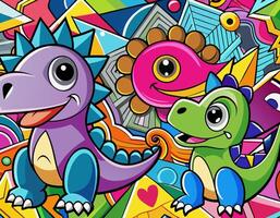 Doodle cartoon dinaosaurs background with cute doodle characters in vibrant colors vector