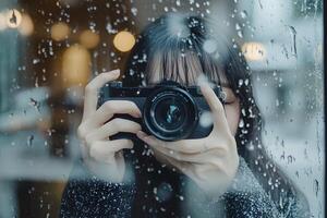 a korean woman taking a photo through a window with raindrops on it