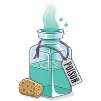 Glass bottle with magic liquid substance, magic potion container with label vector