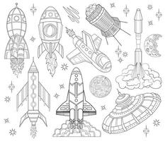 Hand drawn illustration with set of retro future space rockets and ships, line art science fiction concept, doodle collection vector