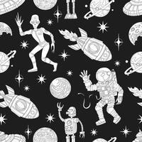 Seamless pattern illustration with retro future space objects, alien, cosmonaut and rocket, line art science fiction concept vector