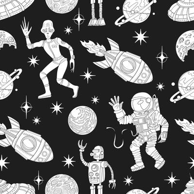 Seamless pattern illustration with retro future space objects, alien, cosmonaut and rocket, line art science fiction concept