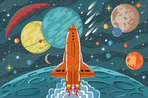 Hand drawn colorful illustration with retro future space rocket, spacecraft, planets, stars and objects, science fiction background vector