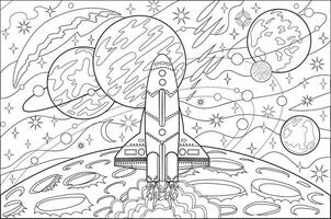 Hand drawn line art illustration with retro future space rocket, spacecraft, planets, stars and objects, science fiction coloring page vector