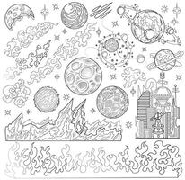 Hand drawn illustration with set of retro future space planets, surfaces and objects, line art science fiction concept, doodle collection vector