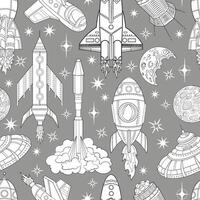 Seamless pattern illustration with retro future space objects, planets and rockets, line art science fiction concept vector