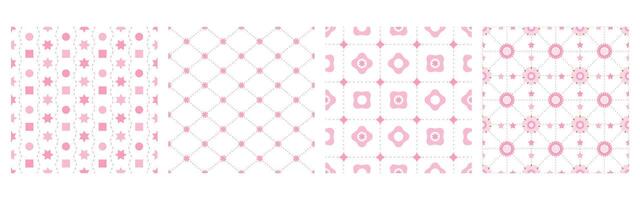 Seamless pattern flat abstract geometric set pink color. dotted line, flower, star and cherry blossom vector