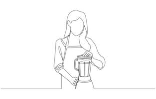 Continuous one line drawing of female vendor using blender to make smoothie, street food concept, single line art. vector