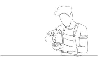 Continuous one line drawing of barista making latte art, barista and latte art, coffee shop concept, single line art. vector