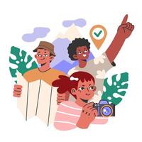 Group hiking or vacation. Characters exploring nature. Friends traveling vector
