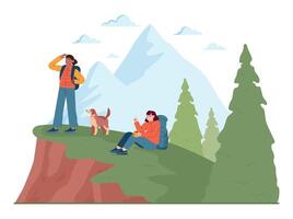 Outdoor camping and hiking. Characters with backpacks spending vector