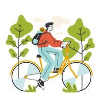 Slow traveling. Slow life principles and activity. Man riding a bicycle vector
