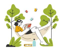 Slow traveling. Slow life principles and activity. Woman sitting in a hammock vector