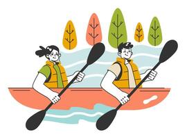 People rowing with paddles in kayak or canoe. Characters wearing vector