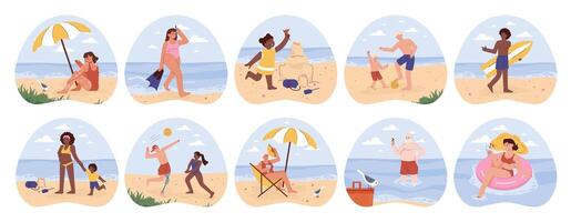 Diverse characters in a swimsuit spending time on the beach set. vector