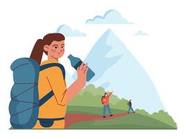 Outdoor camping and hiking. Characters with backpacks spending vector