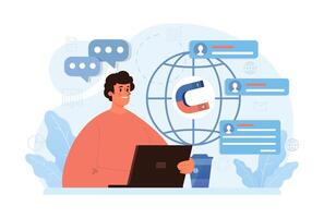 New customers search. Character looking through binoculars. Business vector