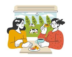 Railroad traveling. Two girls sitting in a train carriage. Slow traveling vector