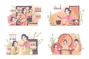Daily routine of an asian woman set. Japanese housewife chores vector