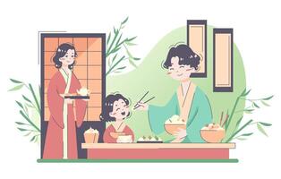 Daily routine of an asian family. Japanese characters in traditional vector