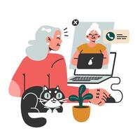 Modern old female character using internet, mobile phone and computer vector
