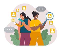 New customers search. Character looking through binoculars. Business vector