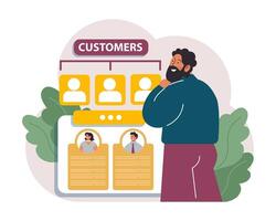 New customers search. Character looking through binoculars. Business vector