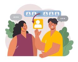 New customers search. Character looking through binoculars. Business vector