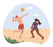 Characters in a swimsuit spending time on the beach. Diverse couple doing vector