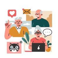 Modern old characters using internet and computer. Seniors confidently vector