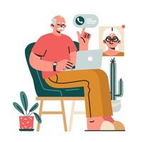 Modern old male character using internet, mobile phone and computer vector