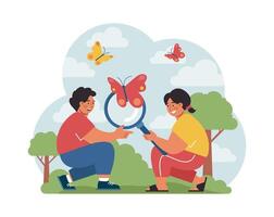 Children exploring nature on summer holidays. Active outside vector