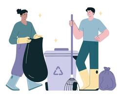 Garbage collecting and sorting. Citizens cleaning and throwing vector