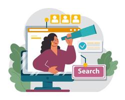 New customers search. Character looking through spyglass. Business vector