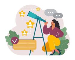New customers search. Character looking through spyglass. Business vector