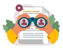 New customers search. Character looking through binoculars. Business vector