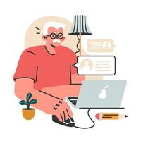 Modern old male character using internet, mobile phone and computer vector