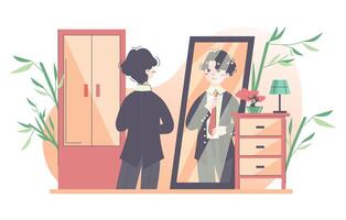 Daily routine of a asian man. Guy dressing up getting ready to go vector