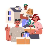 Happy characters moving into or out of house. People holding boxes vector