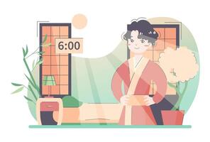 Daily routine of an asian man. Japanese male character in traditional vector