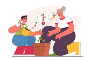 Characters enjoy gardening. Grandmother and grandson planting vector