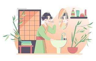 Daily routine of an asian man. Japanese male character in traditional vector