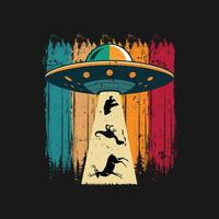 Funny Retro Dinosaur, Bigfoot And Deer Vintage UFO Alien T-shirt Design vector