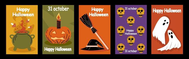 Happy Halloween. Simple vertical poster set. Minimalist, geometric, background pattern, icon. October 31. For poster, media, flyer, banner, cover or postcard. vector