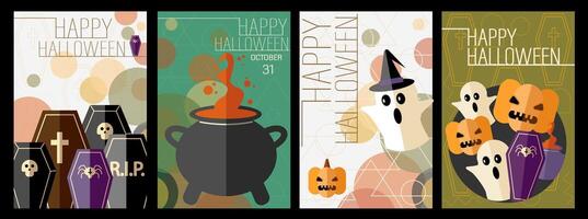 Set of posters. Horror elements. Happy Halloween. Bauhaus seamless pattern. Geometric style. Square. Brutalism. Y2K. vector