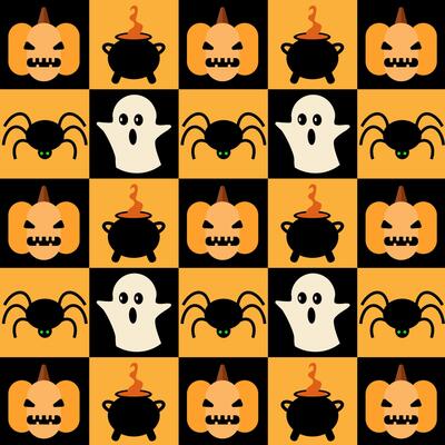 Geometric pattern Bauhaus Halloween of abstract modern shapes with horror holiday characters.